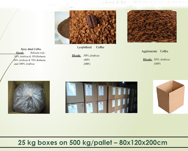 Italian coffee spray, dried, lyophilized, agglomerate in 25 kg boxes