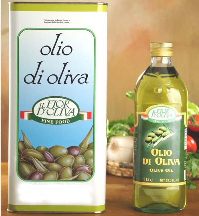 Italian olive oil in glass bottle of 1 litre and in tin of 5 litres